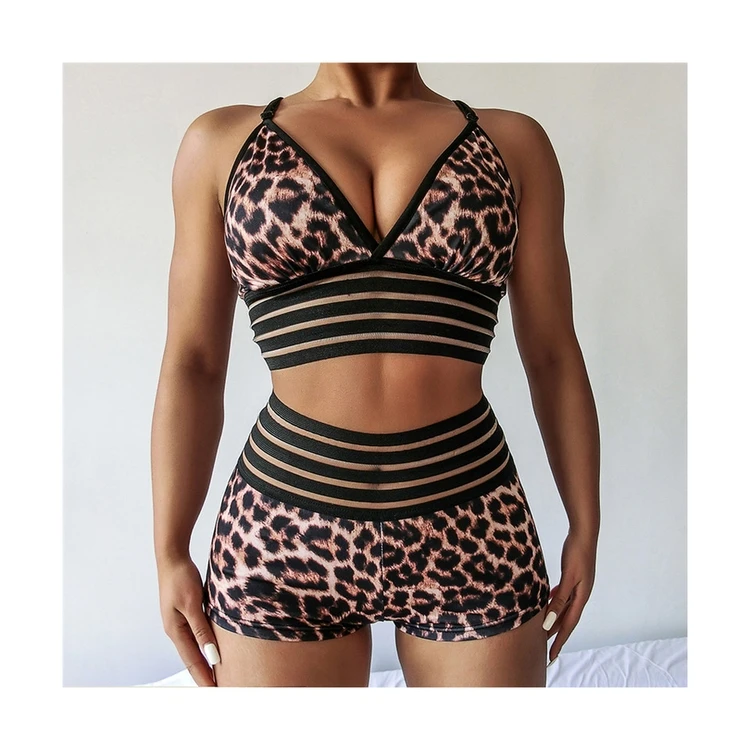 

2021 Fitness Leggings Custom Workout Clothing Plus Size Yoga Outfit Sport Yoga Bra Shorts Set For Women, Leopard
