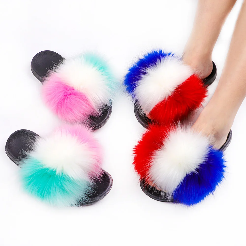 

Top Quality Colorful Faux Fox Furry Flat Sandal Shoes Novelty Mix Colored Warm Plush Fur Slippers