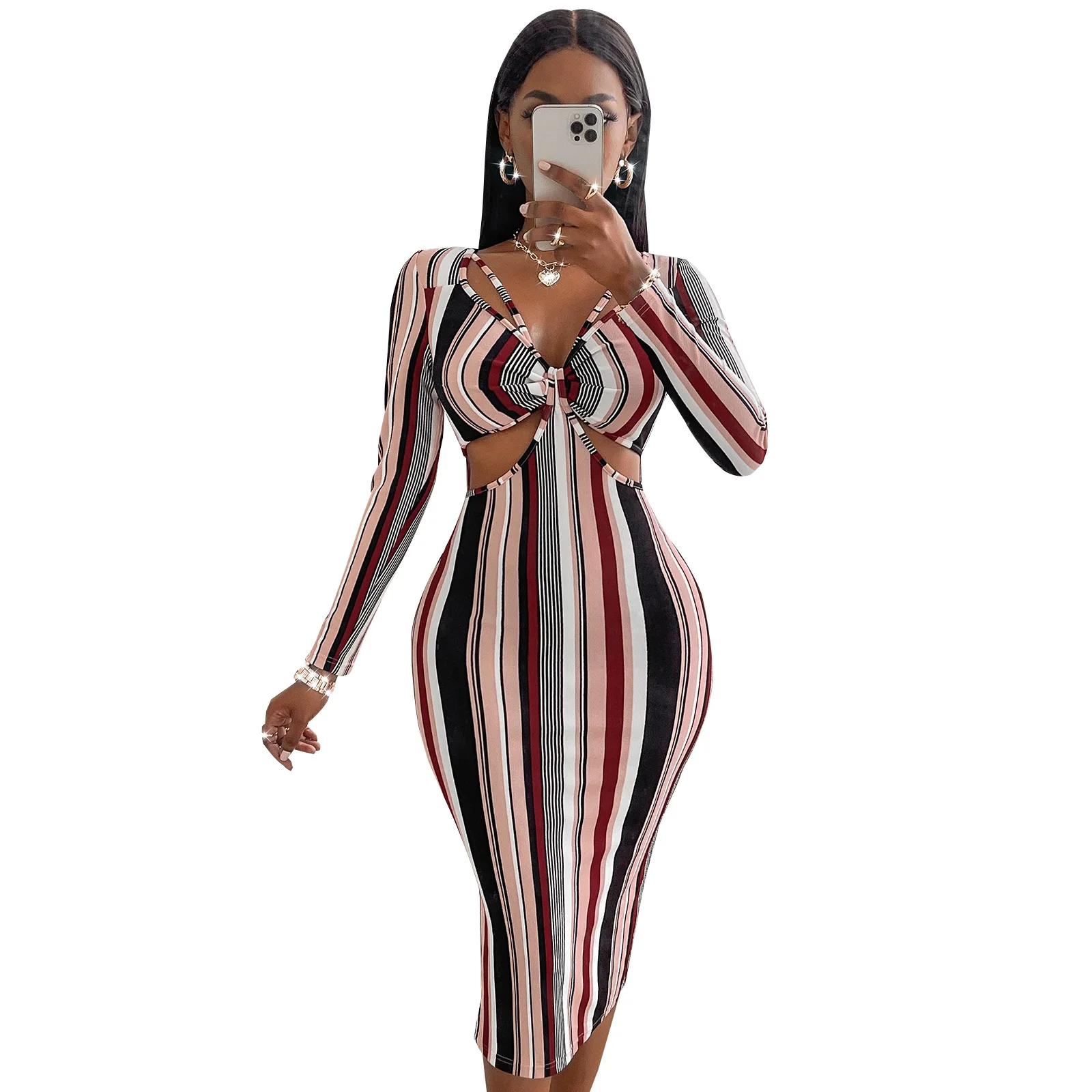 

Drop Shipping Spring Bodycon High Waist V-neck Luxury Dresses Women Elegant Striped Women Xs Dress