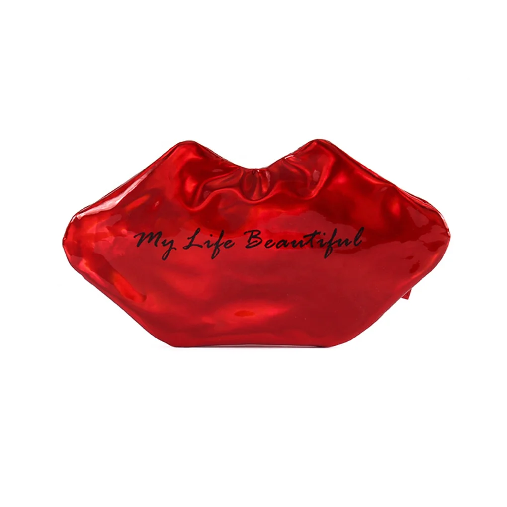 

Wholesale Custom Portable Travel Personalized lip shaped Holographic Cosmetic Bag Makeup, Red,gold,siver,pink