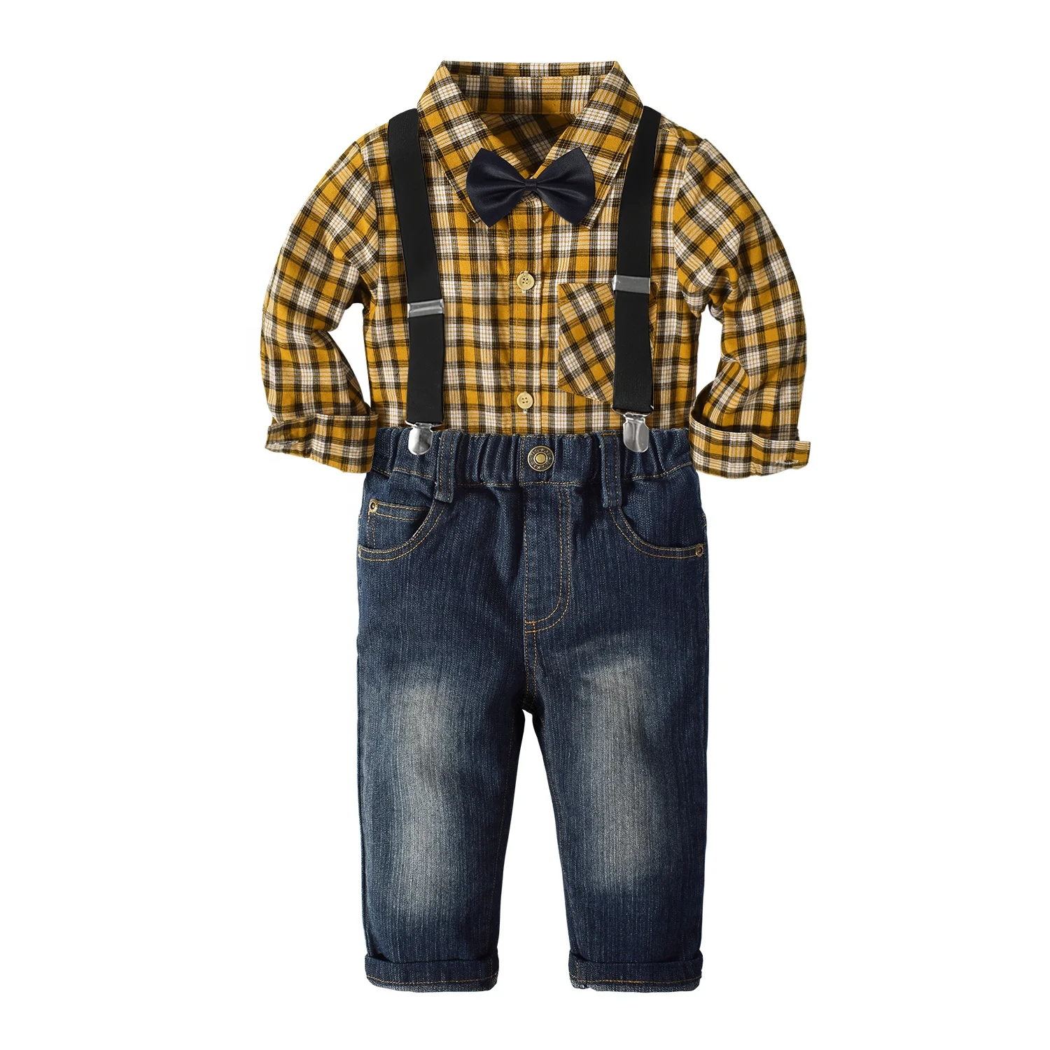 

long-sleeve checked shirts overalls suit sets kid clothing set, Yellow, gray