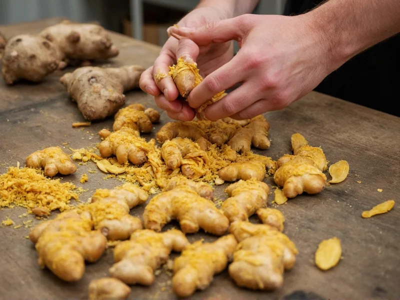 Fresh ginger roots being grated for natural dye extraction