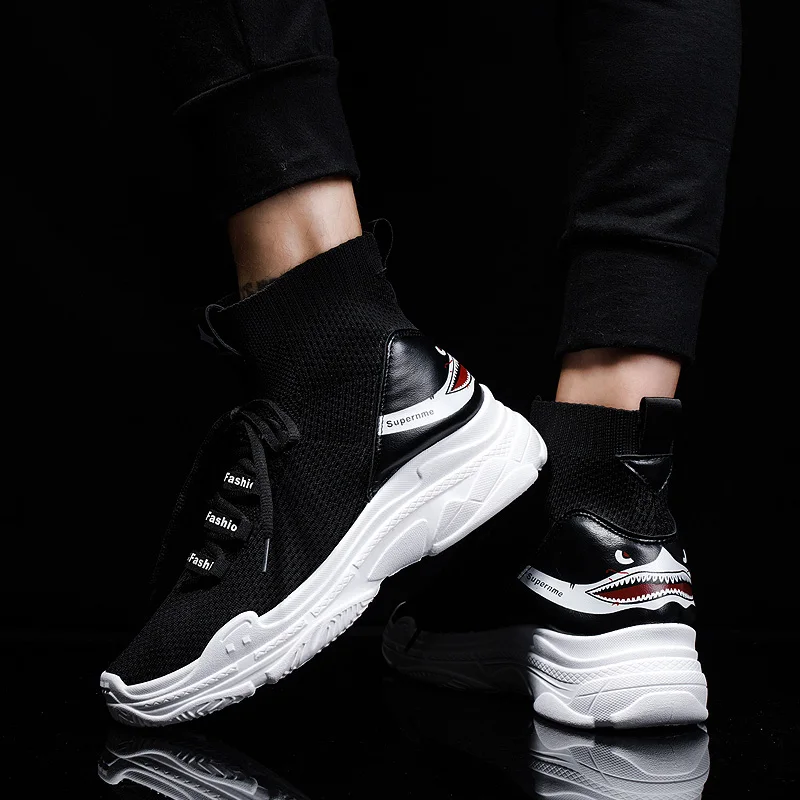 
2019 Trendy Thick Bottom High Neck Breathable Fashion Sneaker Men Fly-knit Sport Running Shoes for Men Socks Shoes SH-866 
