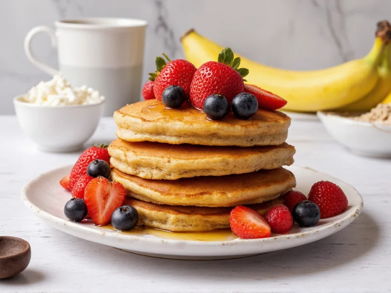Stack of banana pancakes with berries and syrup