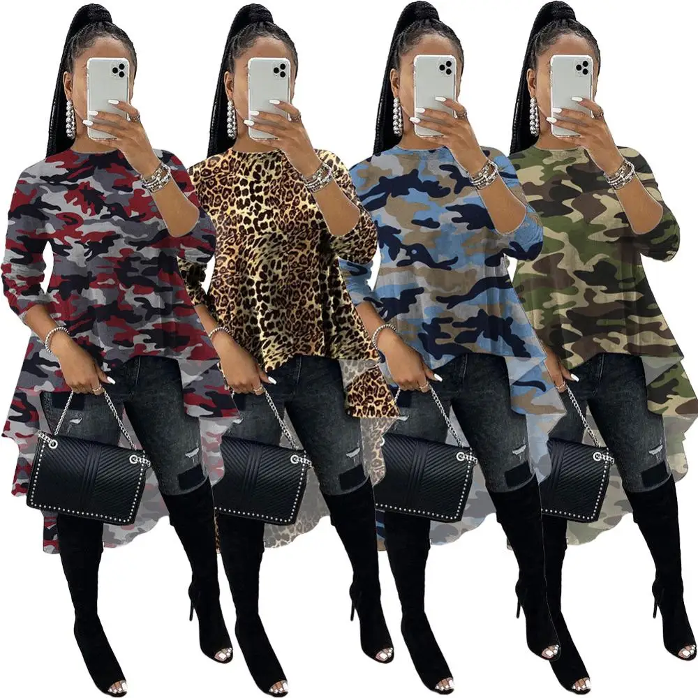 

2020 Fashion print stitching big swing T-shirt loose long sleeve tops ladies' blouses women, As shown