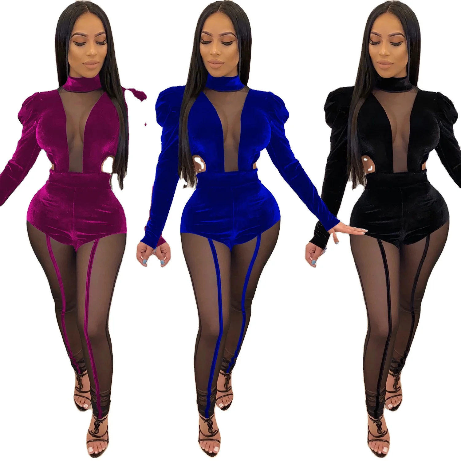 

Fashion trend long sleeve velvet jumpsuit sexy mesh splicing two-piece suit bodysuit and legging set women