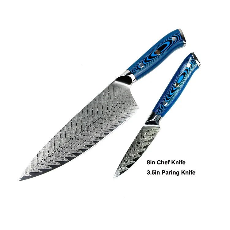 

New Arrival Amber Ladder Pattern Blue Handle Set of 2 pcs set of Chef Knife Paring Knife Japanese VG10 damascus steel Kitchen Kn