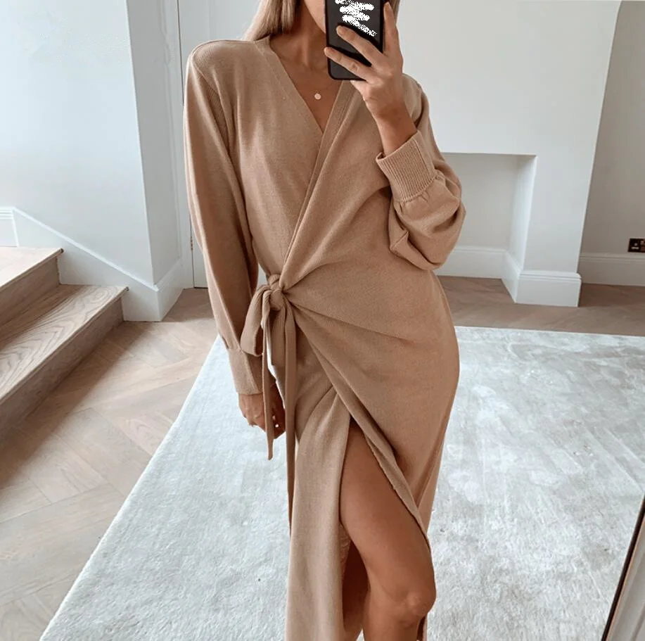

Long Women Knitted Wrap Dress Autumn Winter Oversize Elegant Day Dress Sexy V Neck Knitwear Robe Ladies Clothes Holiday Dresses