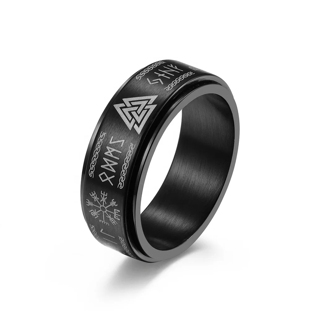 

Vintage Nordic Viking text rotatable titanium steel ring fashion men's jewelry anxiety rings, Gold,black ,rose gold,steel