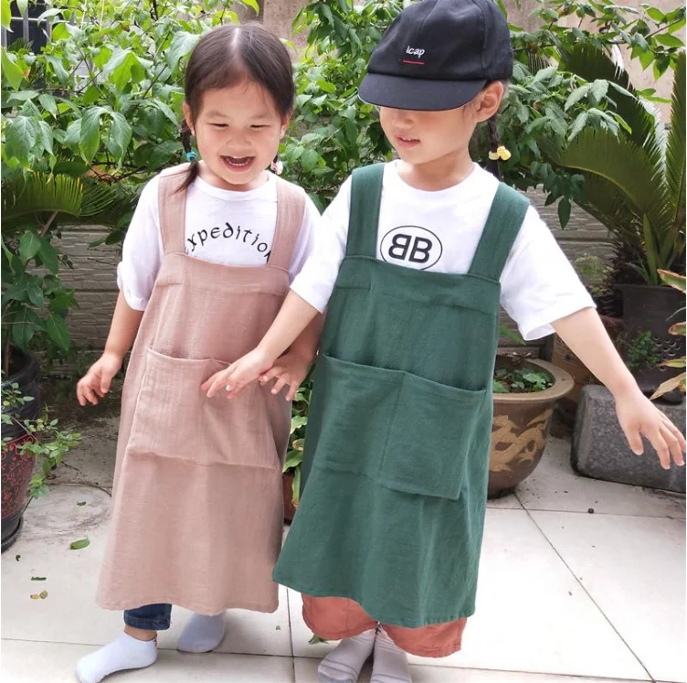 

SunYue Kids Apron For Painting Kids Chef Apron Grey Cotton Linen Kids Apron, Can be customized