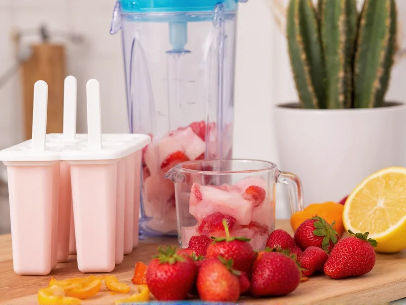 Popsicle molds blender and fresh fruit ingredients for homemade popsicles