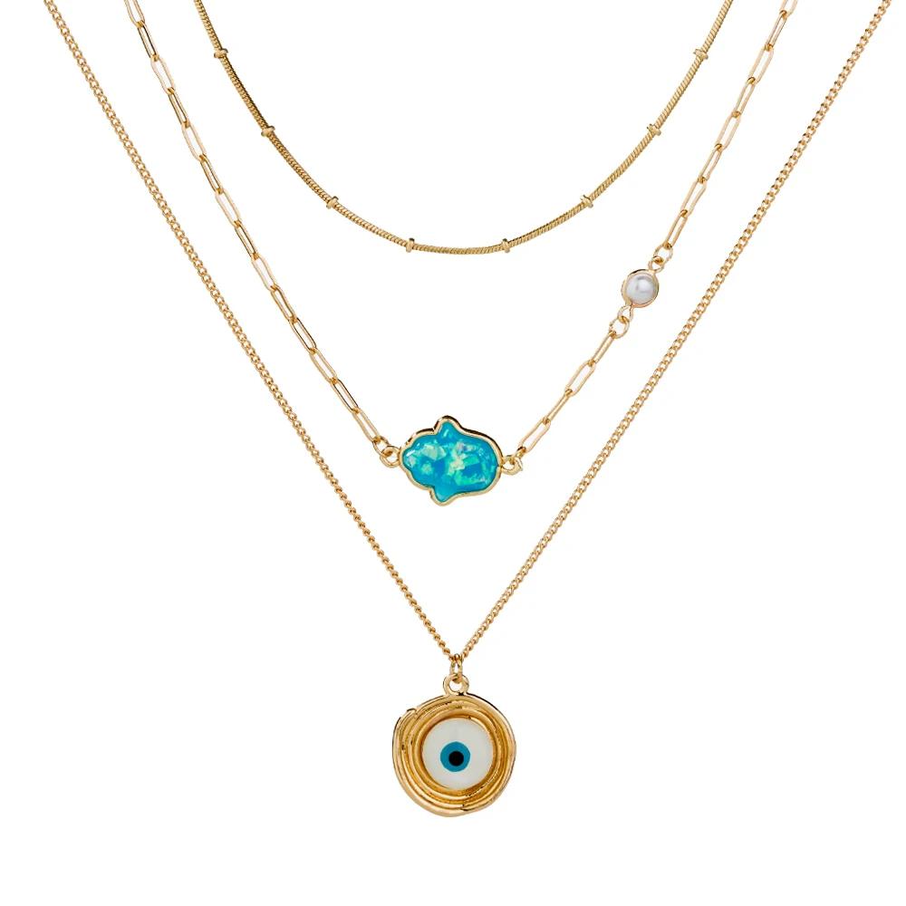 

Individual Blue God's Hand Pendant Necklace Devil's Eye Pearl Layered Gold Chain
