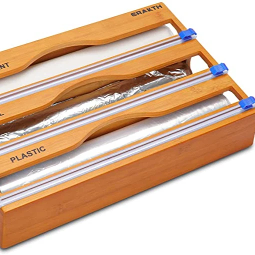 

Bamboo Plastic Wrap Dispenser with Slide Cutter, 3-in-1 Storage Dispenser for Aluminum Foil & Cling Film & Parchment Paper