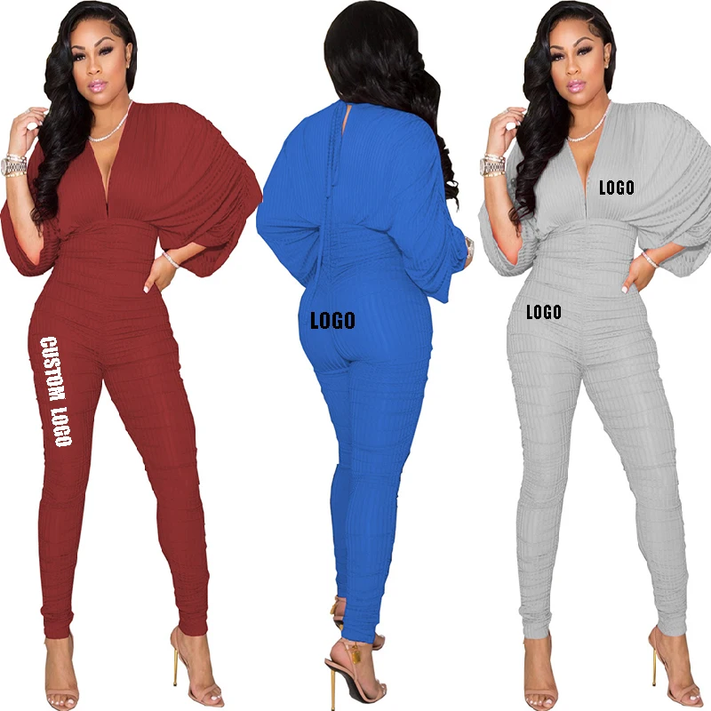 

Free shipping Autumn Pleated knit v neck Sexy Ladies Bodycon Rompers nightclub long sleeve Wear fall Women One Piece Jumpsuit, Color avaliable