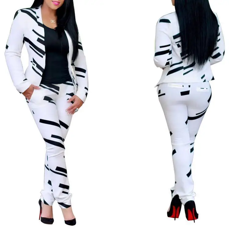 2019 Women Clothes White And Black Print Blazer And Pants Women Office Clothing