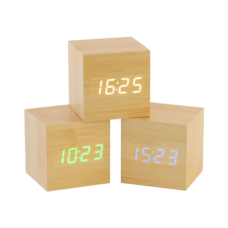 

Dropshipping 6.3*6.3*6.3CM Cheap Multifunctional Digital Square LED Cube Wooden Alarm Clocks With Voice Control