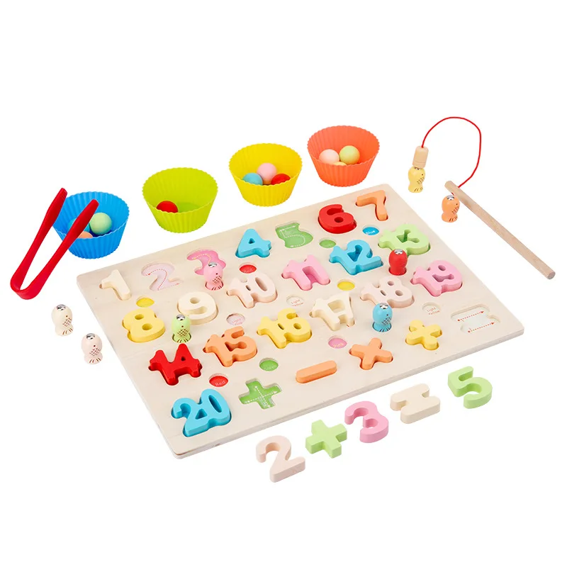 

HOYE CRAFT 3 in 1 fishing toy Wooden Digital Alphabet Matching Board Clip Beads Game Early Educational Toys for kids