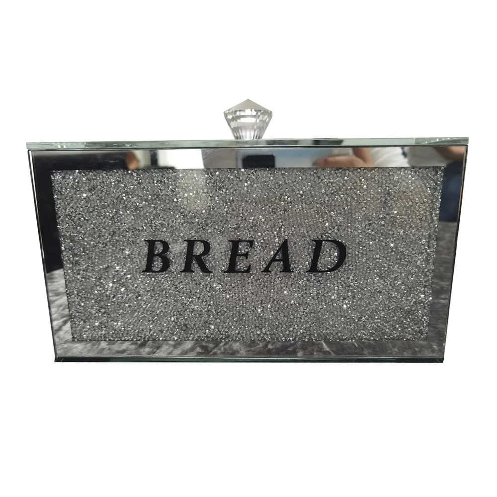 

Kitchen Silver Crushed Diamond Crystal Mirrored Bread Bin Container