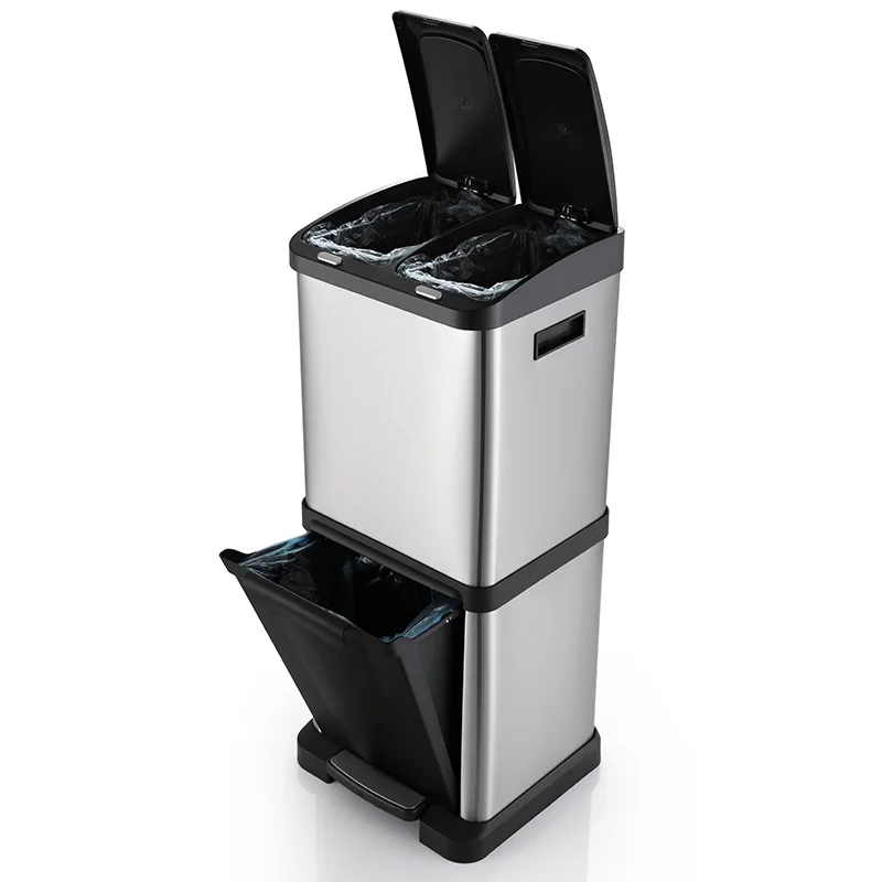 

30L 3 Compartment Stainless Steel Recycle Step Trash Can, Stainless Steel Garbage Can Trash With Lid, Silver