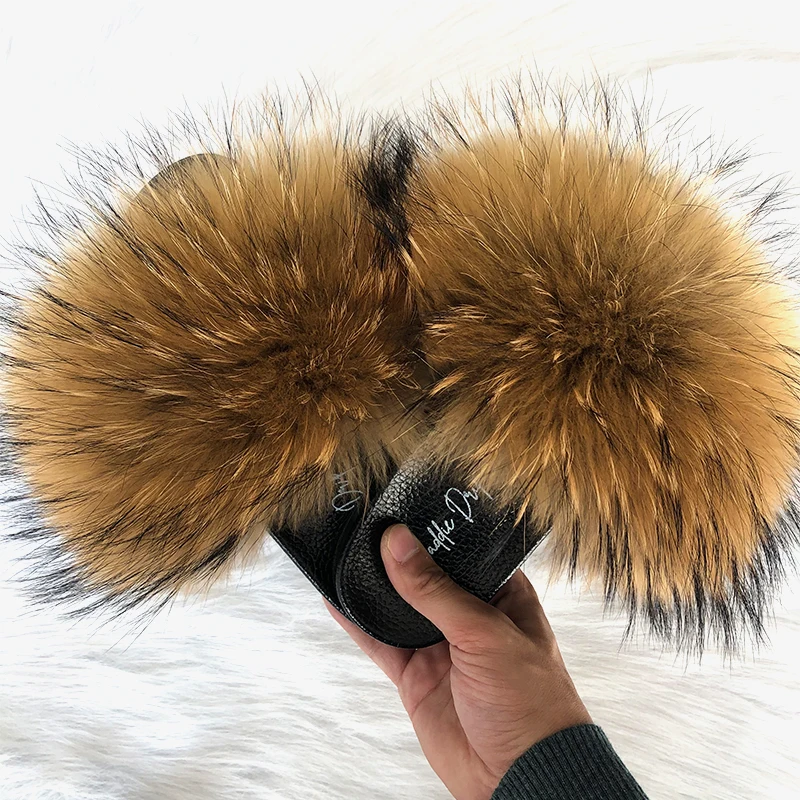 

China Manufacture High Quality Jelly Slides Furslides Furry Women Raccoon Fur Slipper Slippers Rainbow Sandals Fur Slides, Customized