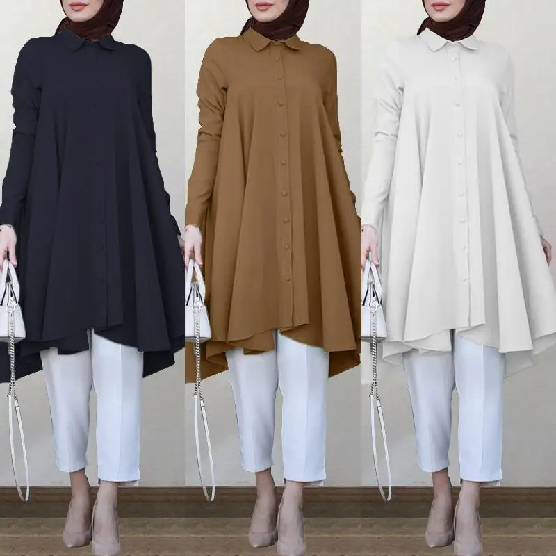 

Vintage Asymmetrical Shirts Women's Autumn Blouse ZANZEA 2021 Casual Long Sleeve Turkish Robe Shirts Female Solid Islam Clothing