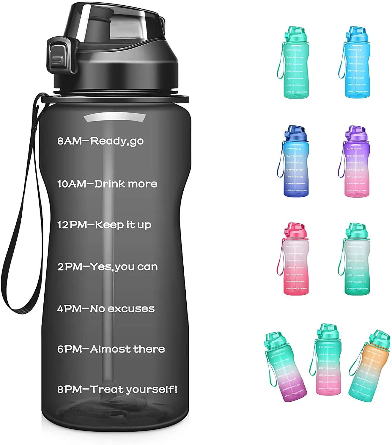 

BPA Free Plastic Straw Lid Tritan Fitness Outdoor Sports Motivational 64oz Water Bottle WIth Time Marker