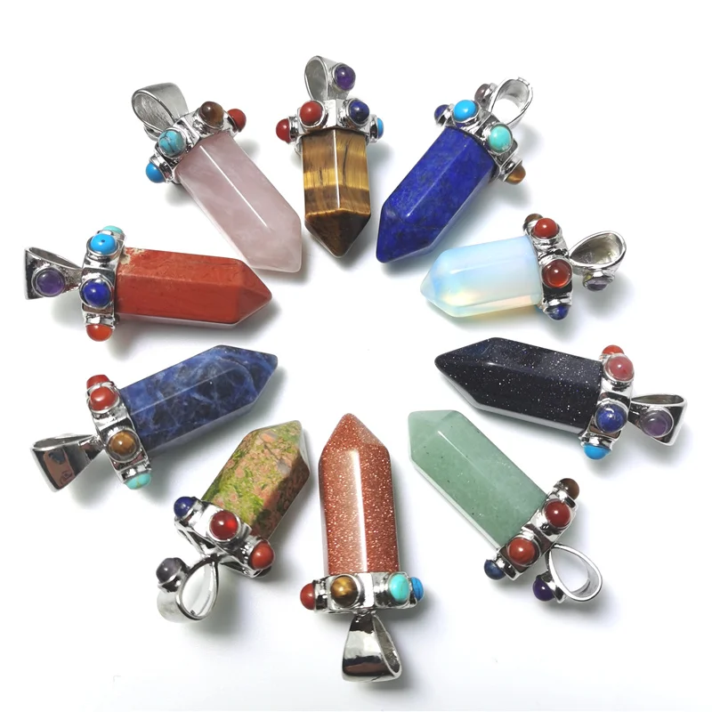 

Nature Healing Stone Bead Pendants Jewelry Charms Hexagonal Pointed Reiki Chakra Pendant, Mixed