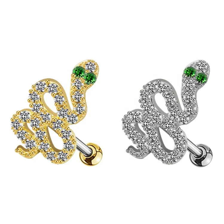 

Gaby new design 20G snake shape cartilage zircon earring Helix Tragus Barbell sexy snake Stud Earrings piercing jewelry, Gold, silver