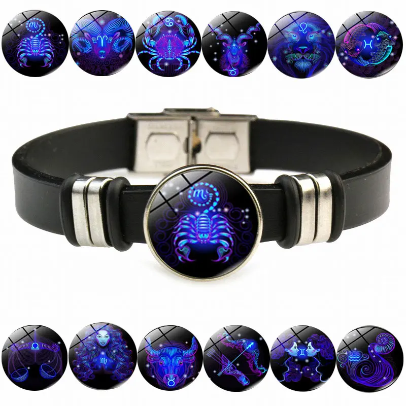 

12 Zodiac Constellations Bracelets Silicon rubber Watch Knot Charm Bracelet, Black