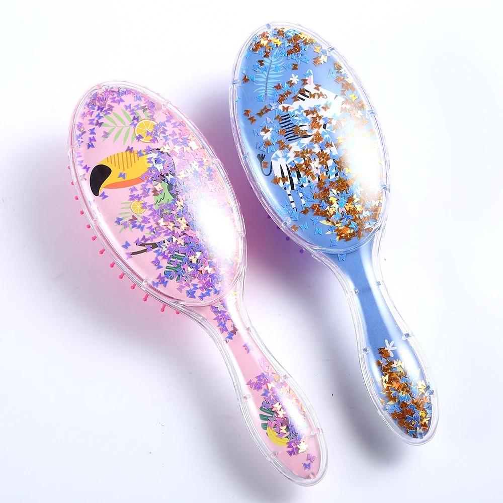 

Custom Children Glitter Hairdressing Plastic Nylon Hairbrush Cushion Comb Head Scalp Massage Cheap Cartoon Detangling Hair Brush, Transparent