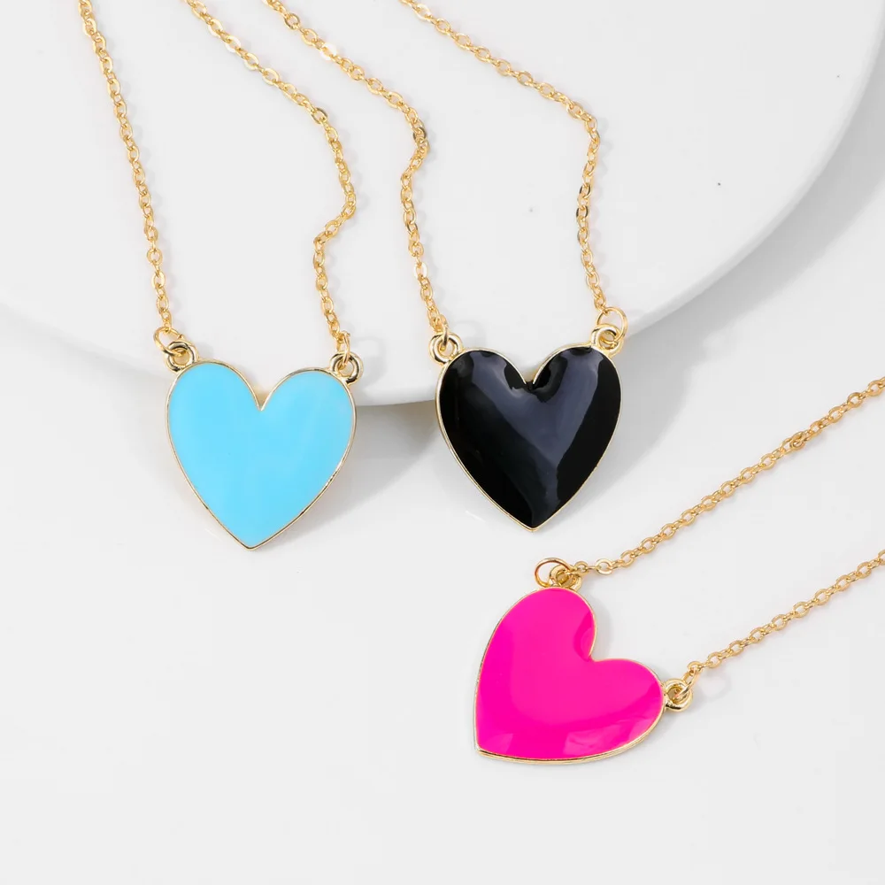 

Fashion Hotsale Simple Women Jewelry Oil Drip Heart Pendant Necklace Candy Color Heart Choker Necklace For Women Girls