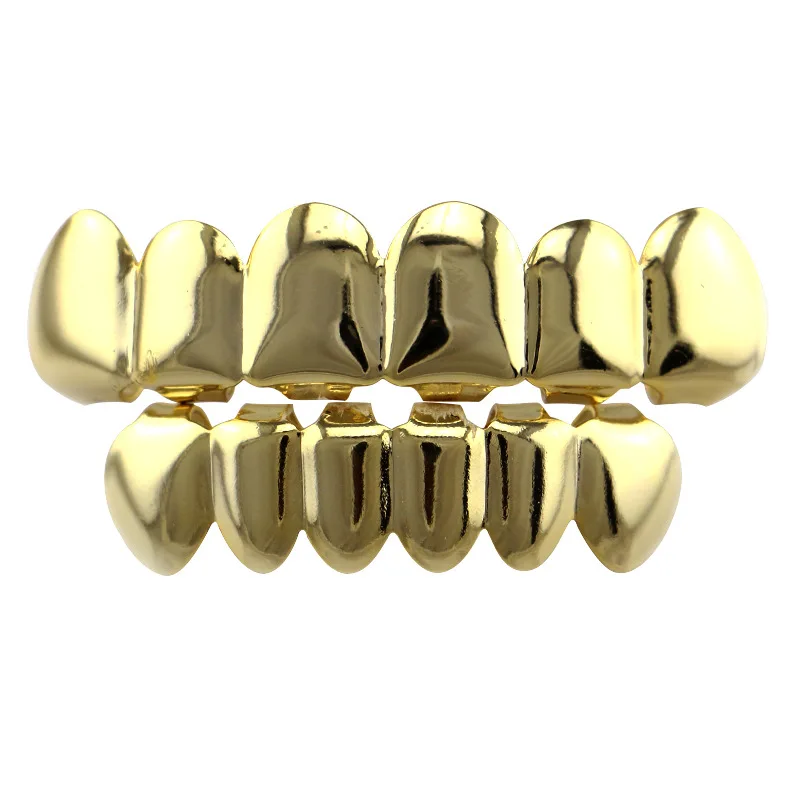 

European Fashion Hips Hops Real Gold Plated Teeth Grills Top Bottom Vampire Fangs Teeth Grills Set For Women Men, Picture
