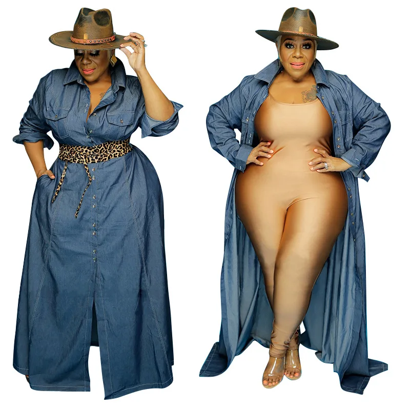 

CS3302 Plus Size XL-5XL Women Long Sleeve Dropship Women Jeans Front Open Longs Dresses Casual Denim Dress, Multi