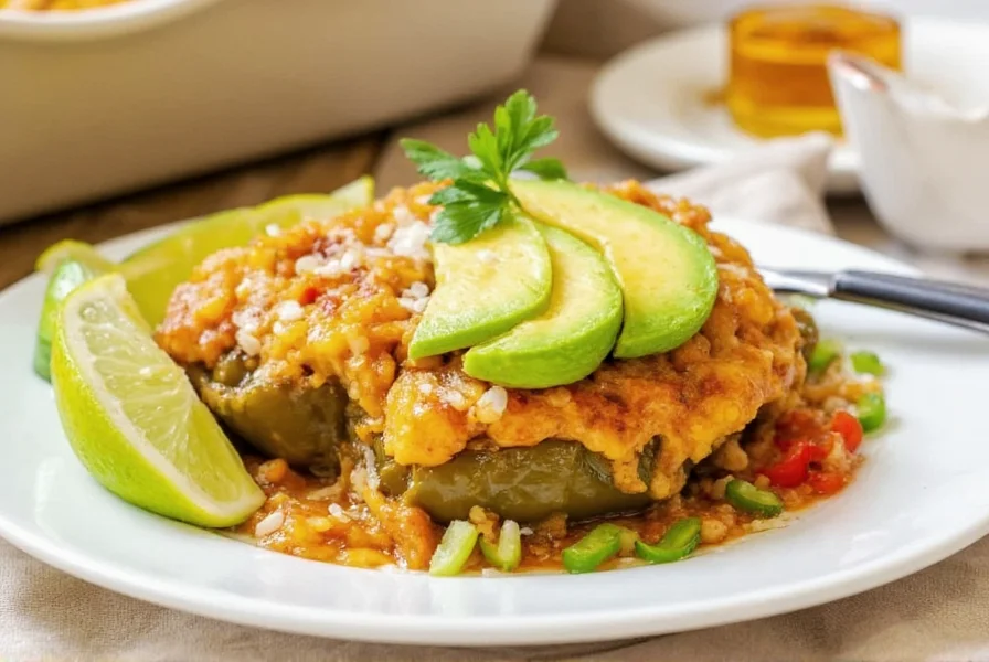 Finished poblano pepper casserole with golden top, served with avocado slices and lime wedges