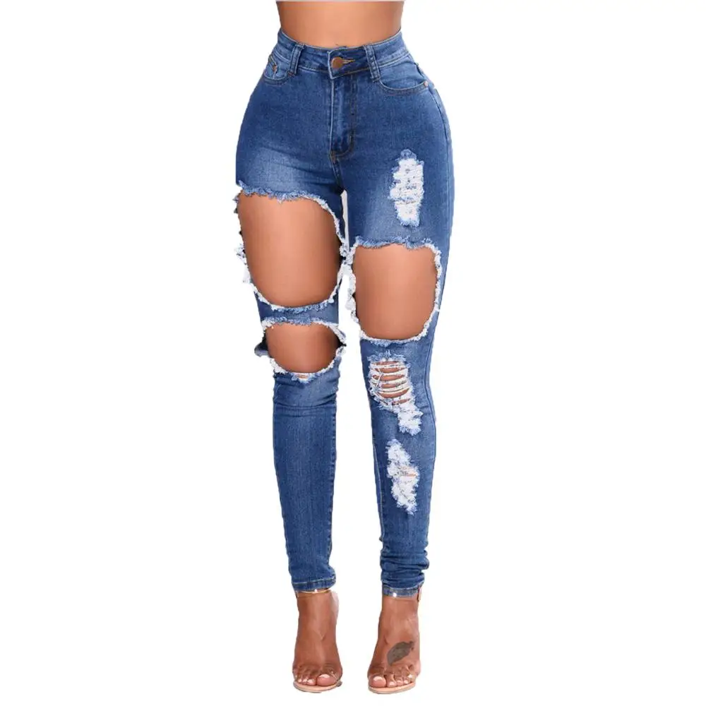 

Women's slim fit stretch denim pants with big hole ripped sexy denim trousers