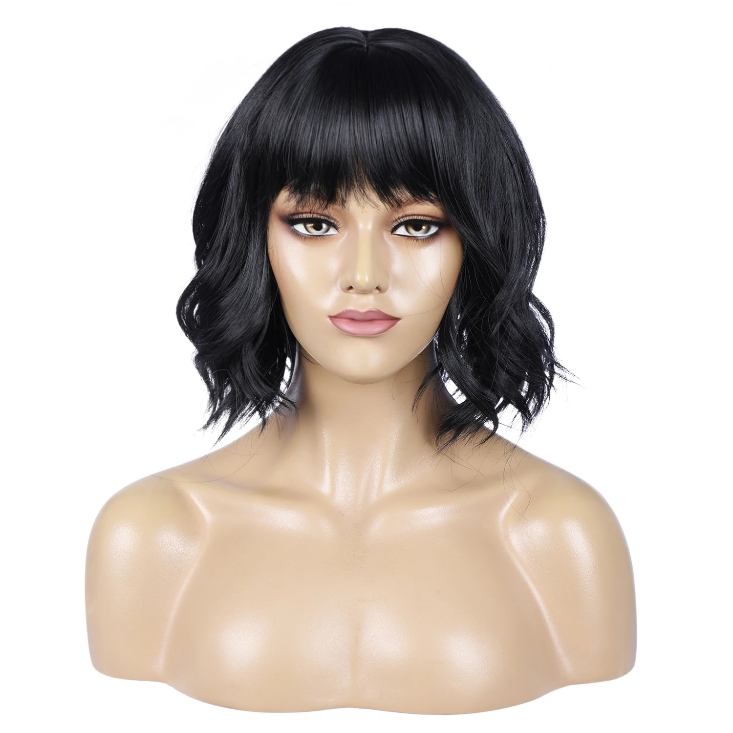 

Black Synthetic Wig Wave Hair With Full Bangs Mature Short Bob Wigs