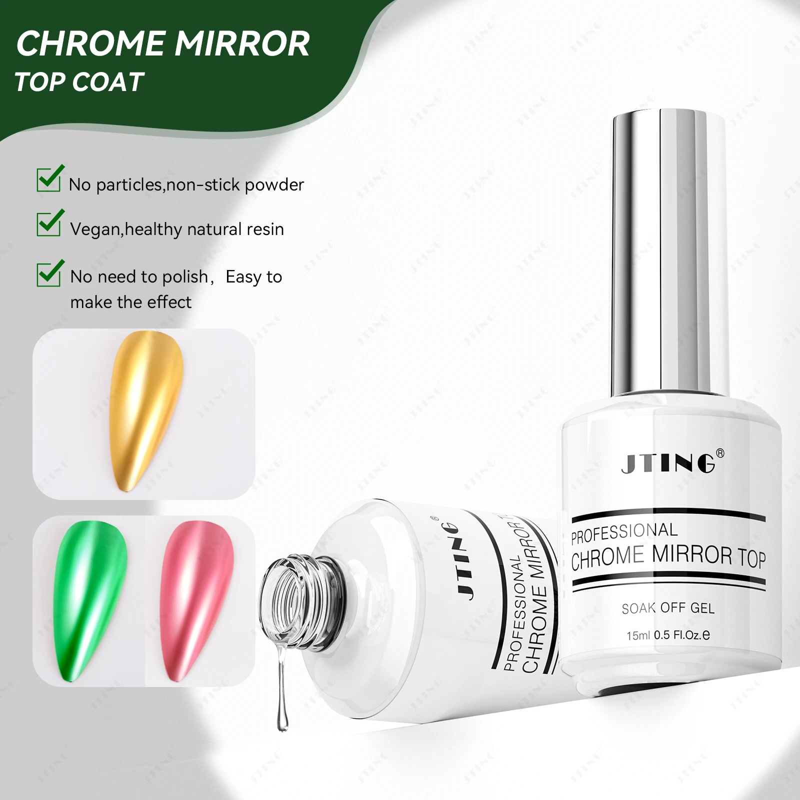

JTING Professional easy to use Vegan natural resin Chrome magic mirror powder top coat gel polish No stick powder OEM topcoat