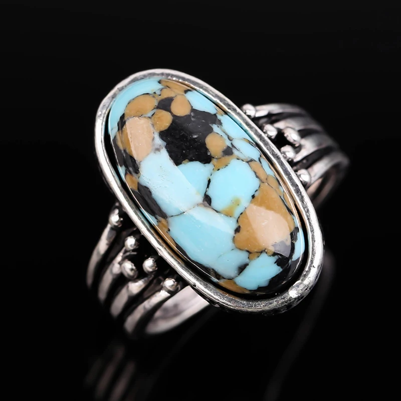 

Women Vintage 925 Silver Big Oval Green Turquoise Stone Ring