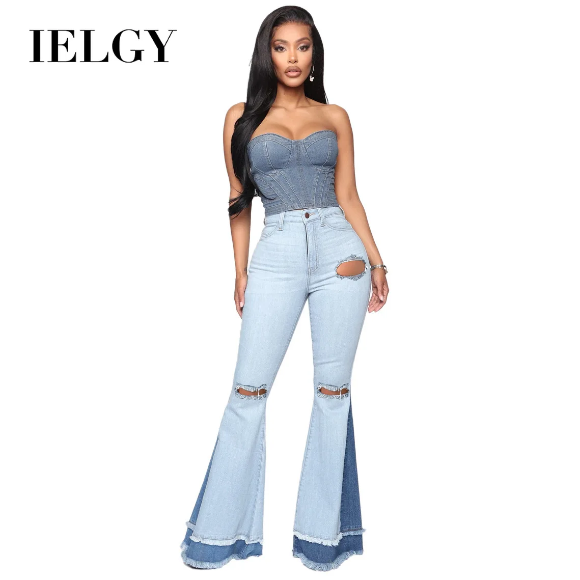 

IELGY Amazon's popular European and American fashion all-match wide-leg color-blocking slim stretch flared pants women's jeans