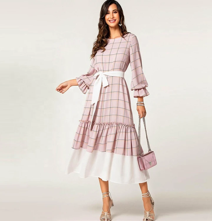 

*GC-3541 2020 new arrivals Latest design long bell sleeve patchwork pink and white patchwork woman long dress elegant lady frock