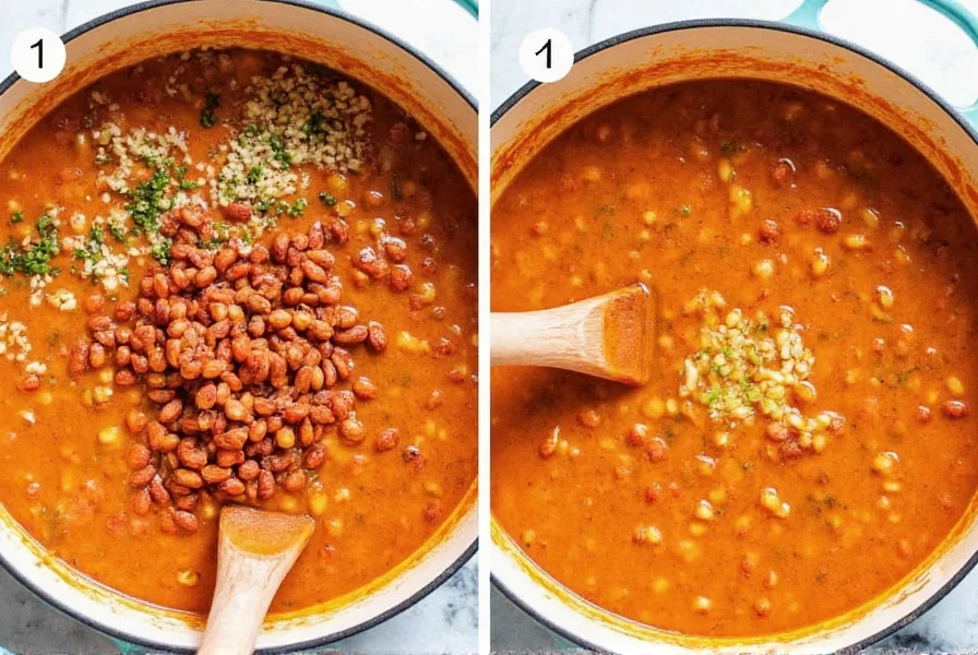Step-by-step preparation of vegetarian chili mac showing ingredients being added to pot