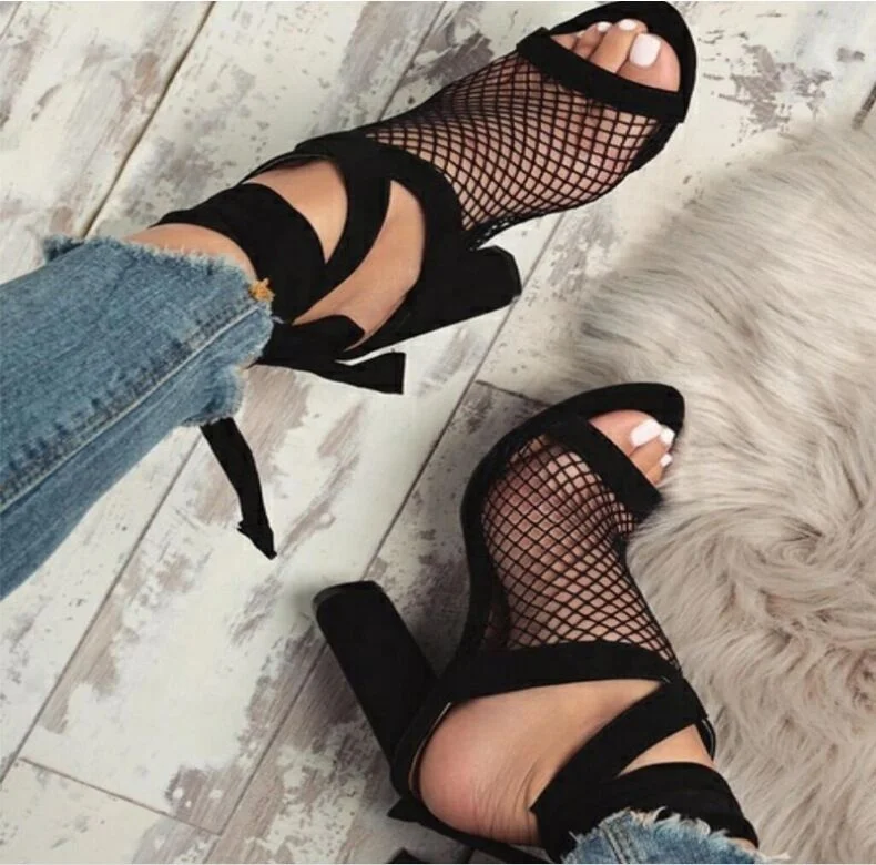 

2021 Women new fashion gladiator summer high block heel sandals sexy mesh open toe black summer shoes factory wholesale