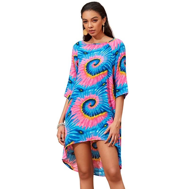 

New women's casual digital print round neck middle sleeve five-quarter sleeve T-shirt dress, Picture color