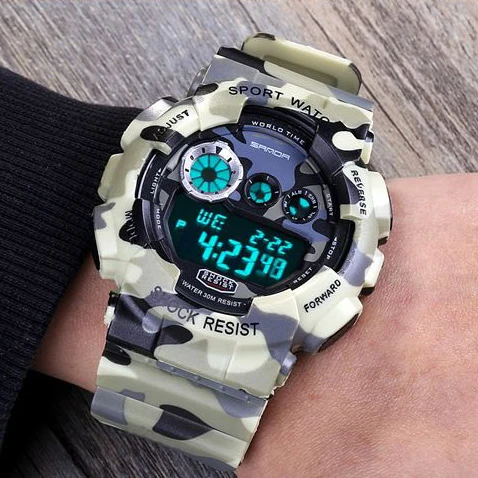 

2019 Sanda Men's Camouflage Electronic LED Display Clock Fashion Outdoor Sports Watch Waterproof Mountaineering Wristwatch