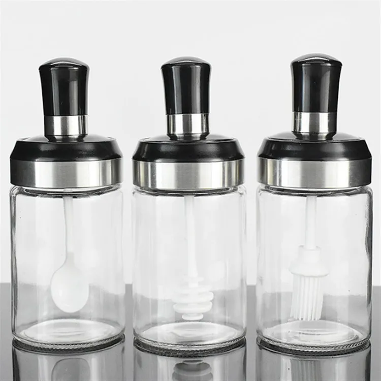 

Transparent Kitchen Supplies Glass Spice Jar Oil Brush Honey Container Pepper Spoon Seasoning Jars Food Storage Container