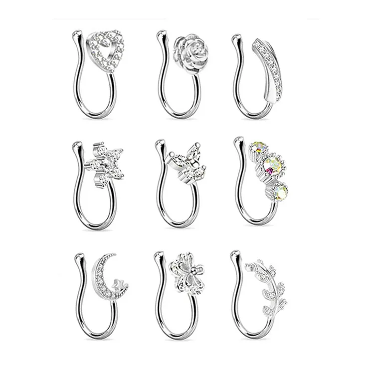 

NUORO 9Pcs Heart Flower U Shape Nose Rings for Women Girls Faux Nose Ring Clear Zircon Non Piercing Nose Cuffs