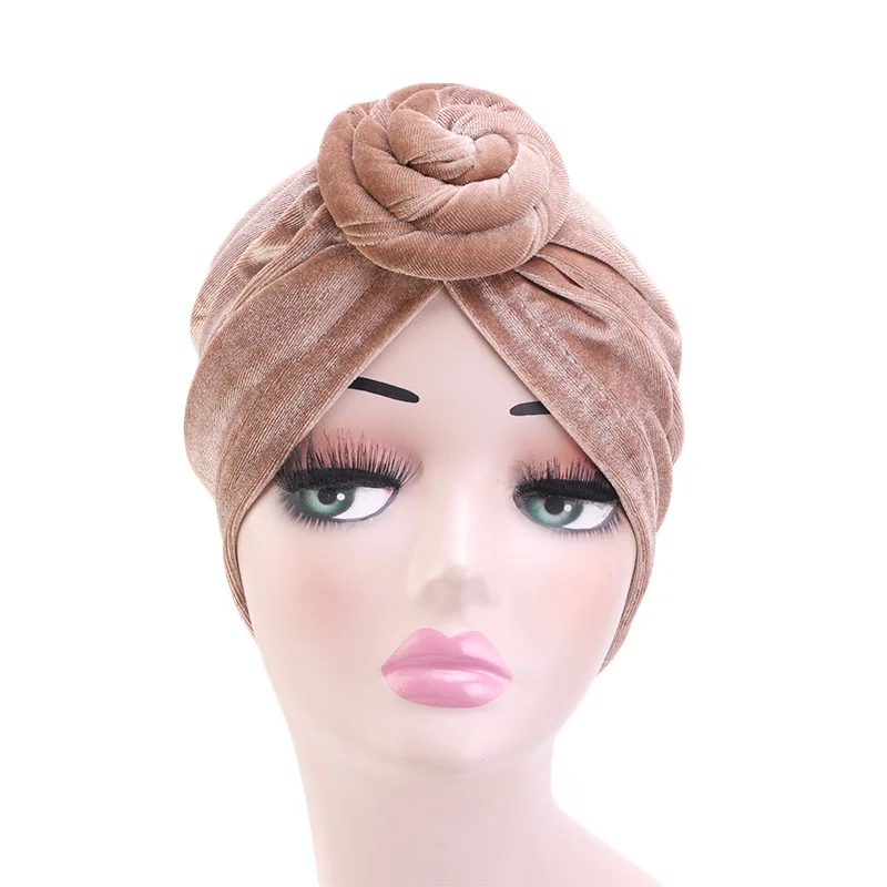 

Wholesale Hair Accessories Custom Logo Plain Color New Design Pre-Tied Knotted Turban Cap Velvet Headwrap Turban For Women