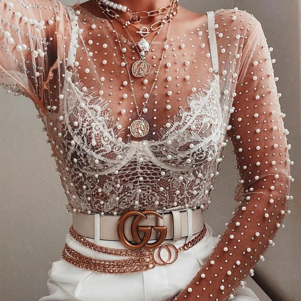 

Casual Mesh Pearls Detail Long Sleeve Tops Women 2020 Spring Solid White See Through Short Tee