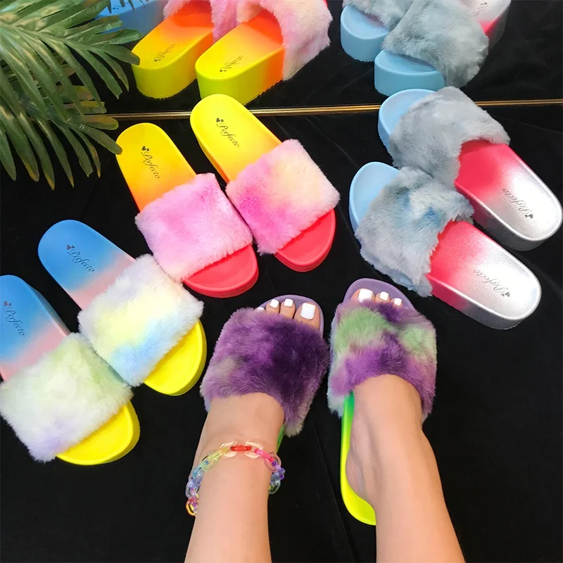 

Short Fur Soft Touching Women Slippers with High Heel Thick Bottom Lady Slides Gradient Colorful Summer Shoes