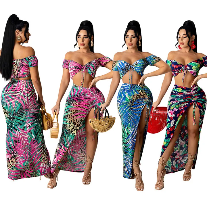 

DLL-S390109 High quality bandage floral sexy outfits sexy cut out beachwear skirt women long 2 piece set women skirt sets, As picture or customized make